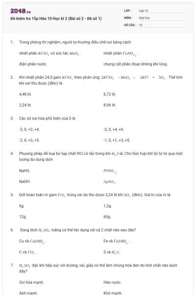 Đề kiểm tra 15p Hóa 10 Học kì 2 (Bài số 2 - Đề số 1)