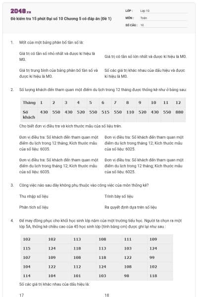 Đề kiểm tra 15 phút Đại số 10 Chương 5 có đáp án (Đề 1)