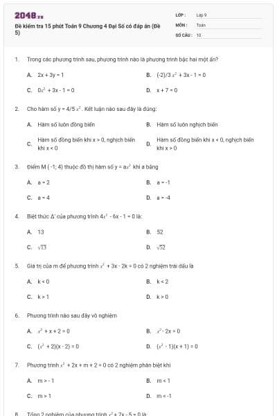 Đề kiểm tra 15 phút Toán 9 Chương 4 Đại Số có đáp án (Đề 5)