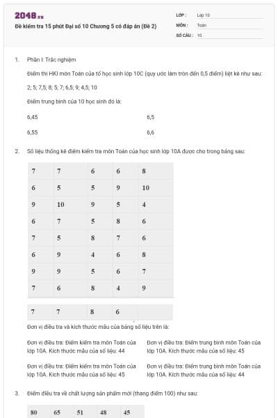 Đề kiểm tra 15 phút Đại số 10 Chương 5 có đáp án (Đề 2)