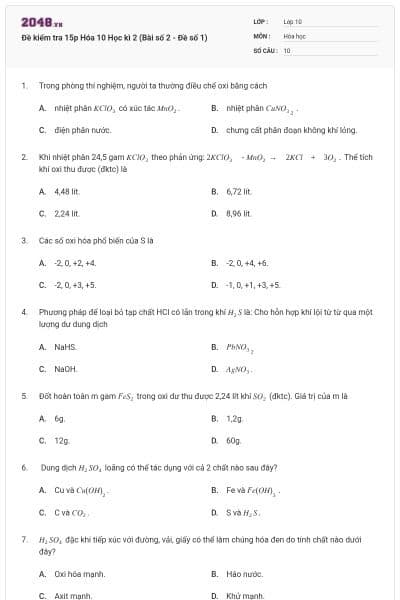 Đề kiểm tra 15p Hóa 10 Học kì 2 (Bài số 2 - Đề số 1)