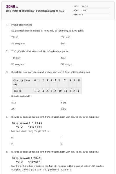 Đề kiểm tra 15 phút Đại số 10 Chương 5 có đáp án (Đề 3)