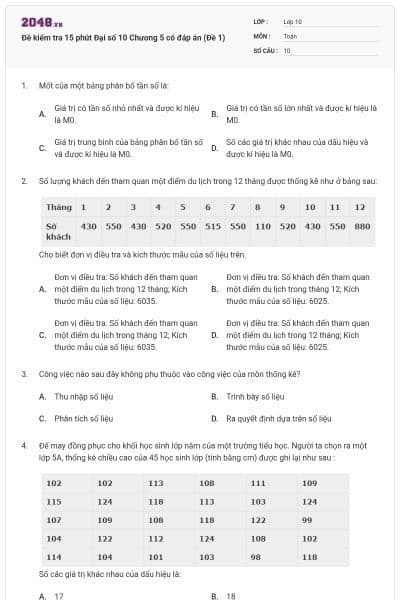 Đề kiểm tra 15 phút Đại số 10 Chương 5 có đáp án (Đề 1)