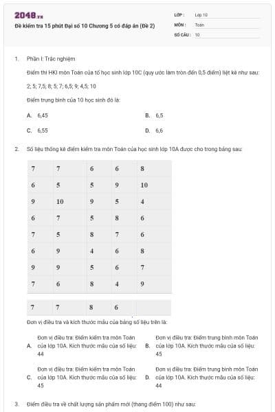 Đề kiểm tra 15 phút Đại số 10 Chương 5 có đáp án (Đề 2)
