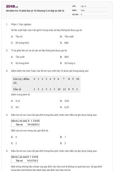 Đề kiểm tra 15 phút Đại số 10 Chương 5 có đáp án (Đề 3)