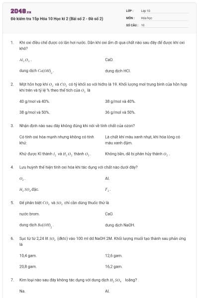 Đề kiểm tra 15p Hóa 10 Học kì 2 (Bài số 2 - Đề số 2)