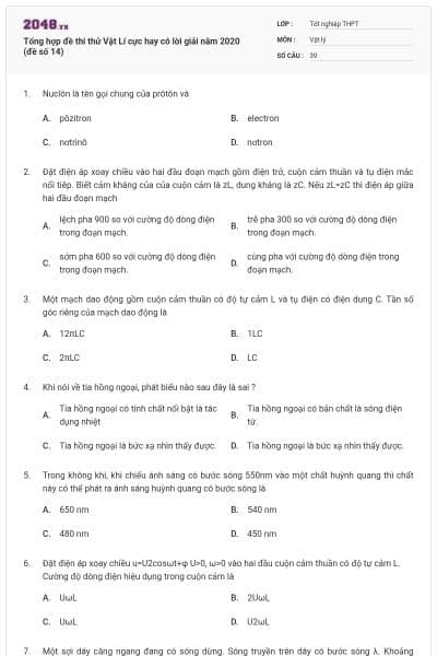 Tổng hợp đề thi thử Vật Lí cực hay có lời giải năm 2020 (đề số 14)