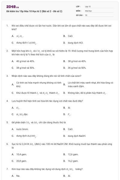 Đề kiểm tra 15p Hóa 10 Học kì 2 (Bài số 2 - Đề số 2)