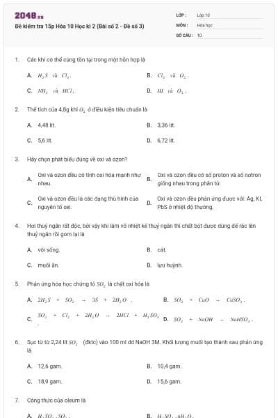 Đề kiểm tra 15p Hóa 10 Học kì 2 (Bài số 2 - Đề số 3)