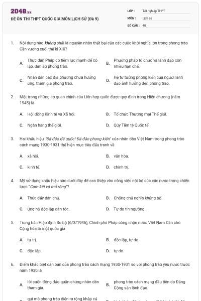 ĐỀ ÔN THI THPT QUỐC GIA MÔN LỊCH SỬ (Đề 9)