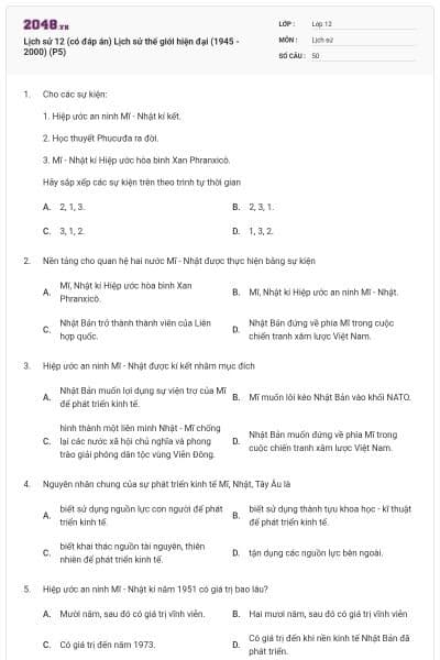 Lịch sử 12 (có đáp án) Lịch sử thế giới hiện đại (1945 - 2000) (P5)