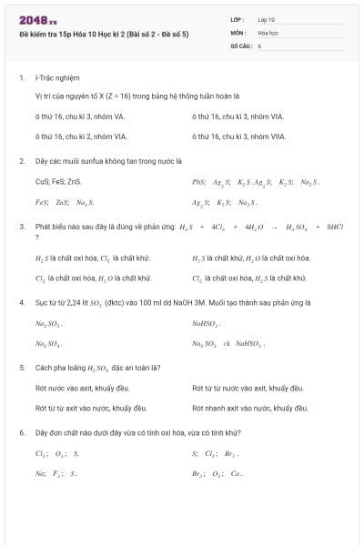 Đề kiểm tra 15p Hóa 10 Học kì 2 (Bài số 2 - Đề số 5)