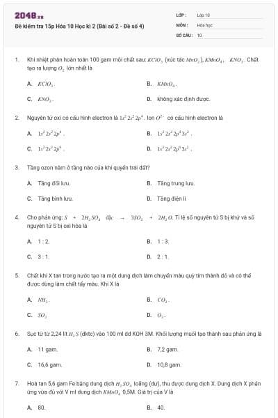 Đề kiểm tra 15p Hóa 10 Học kì 2 (Bài số 2 - Đề số 4)