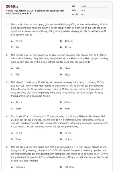 44 câu Trắc nghiệm Vật Lí 12 Bài toán liên quan đến kích thích dao động có đáp án