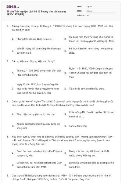 59 câu Trắc nghiệm Lịch Sử 12 Phong trào cách mạng 1930-1935 (P2)