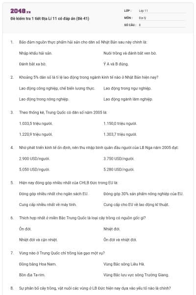 Đề kiểm tra 1 tiết Địa Lí 11 có đáp án (Đề 41)