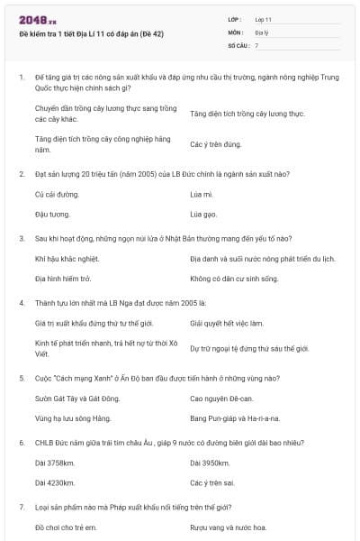 Đề kiểm tra 1 tiết Địa Lí 11 có đáp án (Đề 42)