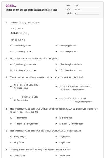 Bài tập gọi tên các hợp chất hữu cơ chọn lọc, có đáp án
