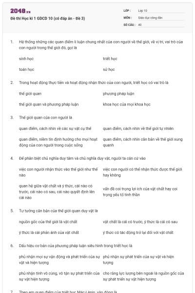 Đề thi Học kì 1 GDCD 10 (có đáp án - Đề 3)