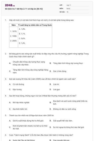 Đề kiểm tra 1 tiết Địa Lí 11 có đáp án (Đề 42)