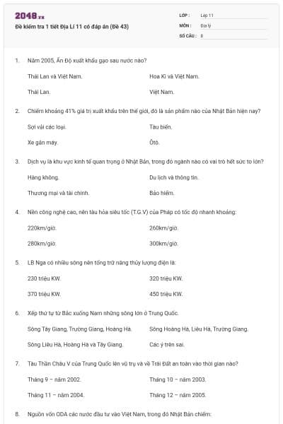 Đề kiểm tra 1 tiết Địa Lí 11 có đáp án (Đề 43)