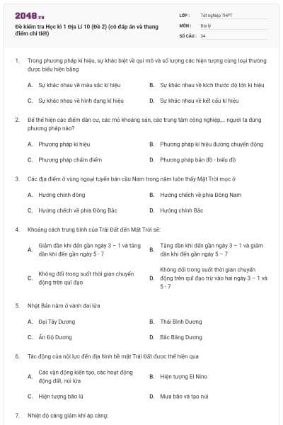 Đề kiểm tra Học kì 1 Địa Lí 10 (Đề 2) (có đáp án và thang điểm chi tiết)