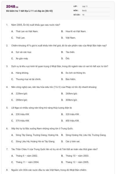 Đề kiểm tra 1 tiết Địa Lí 11 có đáp án (Đề 43)