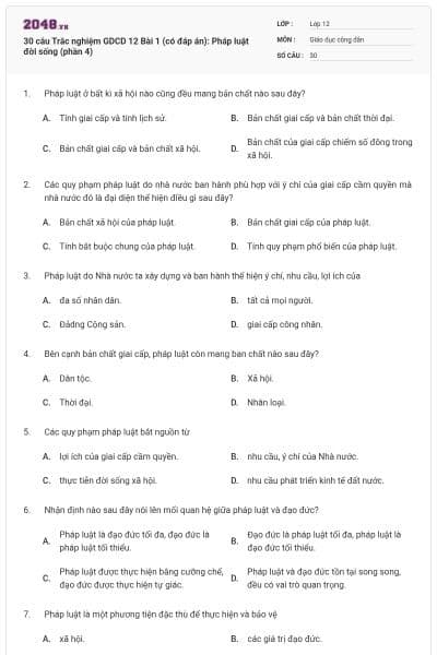 30 câu Trắc nghiệm GDCD 12 Bài 1 (có đáp án): Pháp luật đời sống (phần 4)