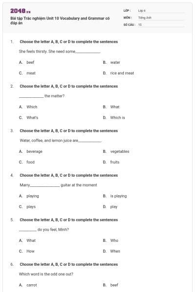 Bài tập Trắc nghiệm Unit 10 Vocabulary and Grammar có đáp án