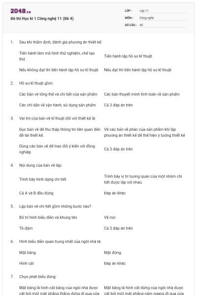 Đề thi Học kì 1 Công nghệ 11 (Đề 4)