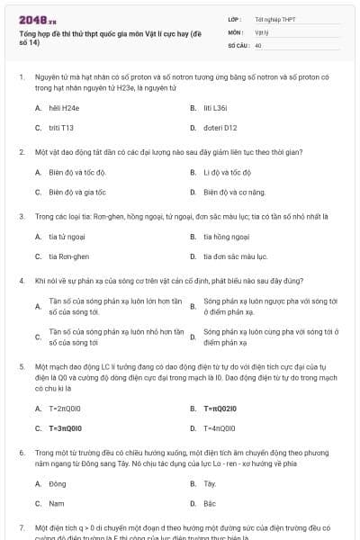 Tổng hợp đề thi thử thpt quốc gia môn Vật lí cực hay (đề số 14)