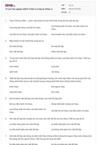 19 câu Trắc nghiệm GDCD 10 Bài 4 có đáp án (Phần 1)