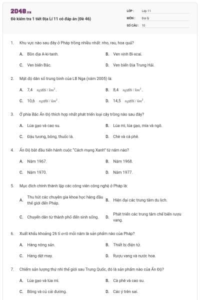 Đề kiểm tra 1 tiết Địa Lí 11 có đáp án (Đề 46)