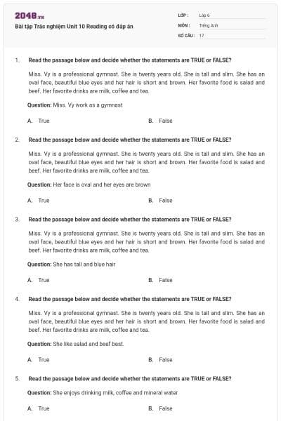 Bài tập Trắc nghiệm Unit 10 Reading có đáp án