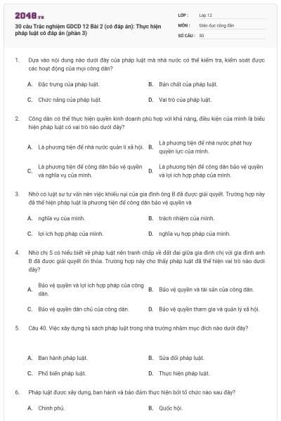 30 câu Trắc nghiệm GDCD 12 Bài 2 (có đáp án): Thực hiện pháp luật có đáp án (phần 3)