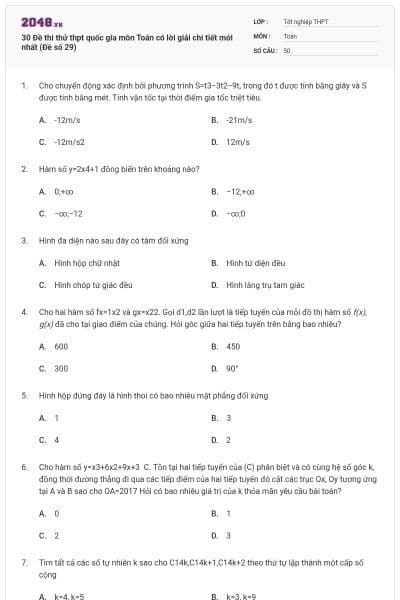 30 Đề thi thử thpt quốc gia môn Toán có lời giải chi tiết mới nhất (Đề số 29)