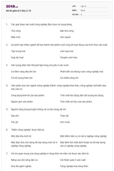 Đề thi giữa kì 2 Địa Lí 10