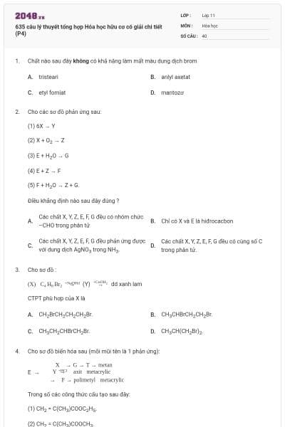 635 câu lý thuyết tổng hợp Hóa học hữu cơ có giải chi tiết (P4)