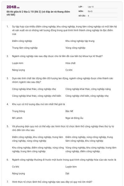 Đề thi giữa kì 2 Địa Lí 10 (Đề 2) (có đáp án và thang điểm chi tiết)