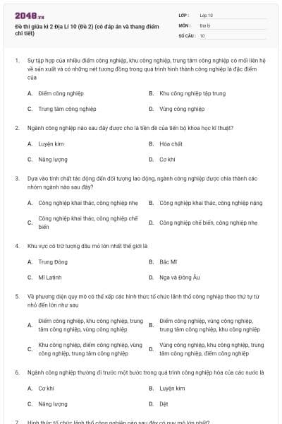 Đề thi giữa kì 2 Địa Lí 10 (Đề 2) (có đáp án và thang điểm chi tiết)