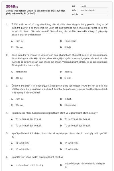 35 câu Trắc nghiệm GDCD 12 Bài 2 (có đáp án): Thực hiện pháp luật có đáp án (phần 5)