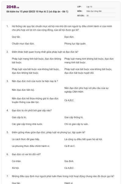 Đề kiểm tra 15 phút GDCD 10 Học kì 2 (có đáp án - Đề 1)