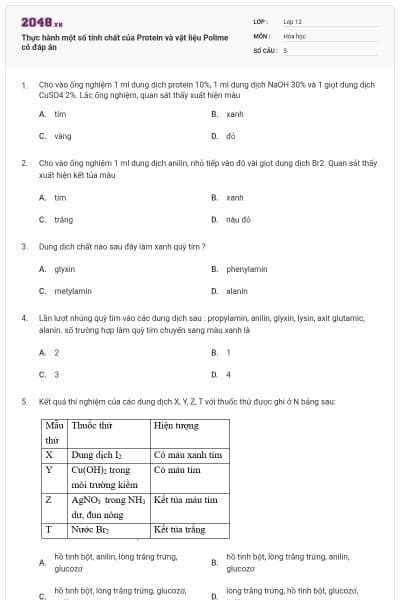 Thực hành một số tính chất của Protein và vật liệu Polime có đáp án