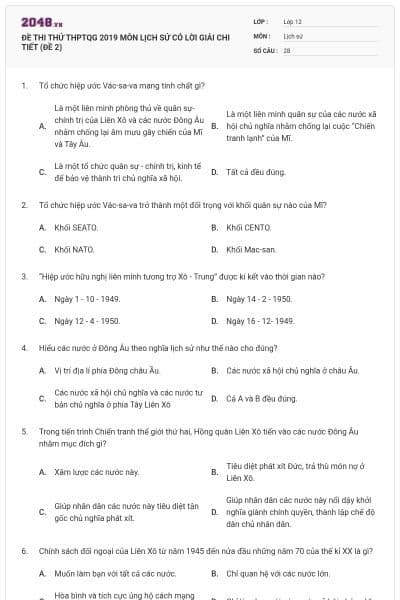 ĐỀ THI THỬ THPTQG 2019 MÔN LỊCH SỬ CÓ LỜI GIẢI CHI TIẾT (ĐỀ 2)