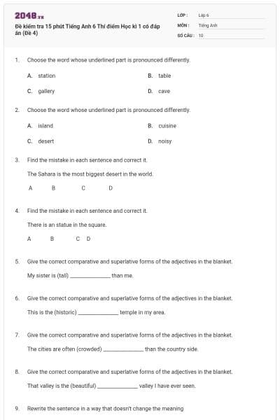 Đề kiểm tra 15 phút Tiếng Anh 6 Thí điểm Học kì 1 có đáp án (Đề 4)