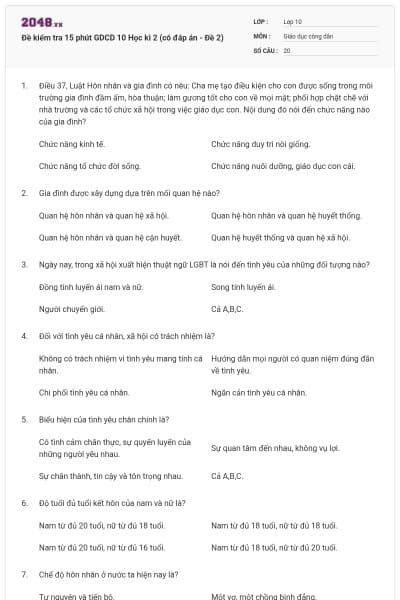 Đề kiểm tra 15 phút GDCD 10 Học kì 2 (có đáp án - Đề 2)