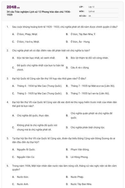 34 câu Trắc nghiệm Lịch sử 12 Phong trào dân chủ 1936-1939