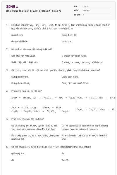 Đề kiểm tra 15p Hóa 10 Học kì 2 (Bài số 2 - Đề số 7)