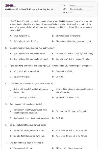 Đề kiểm tra 15 phút GDCD 10 Học kì 2 (có đáp án - Đề 2)