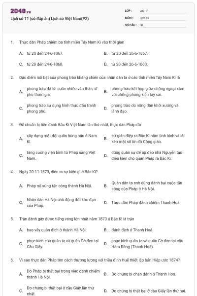 Lịch sử 11 (có đáp án) Lịch sử Việt Nam(P2)